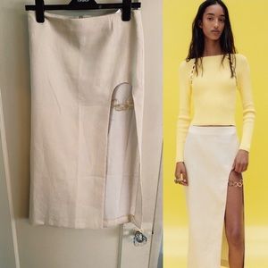 Zara Linen High Leg Cutout Chain Detail MIDI Skirt